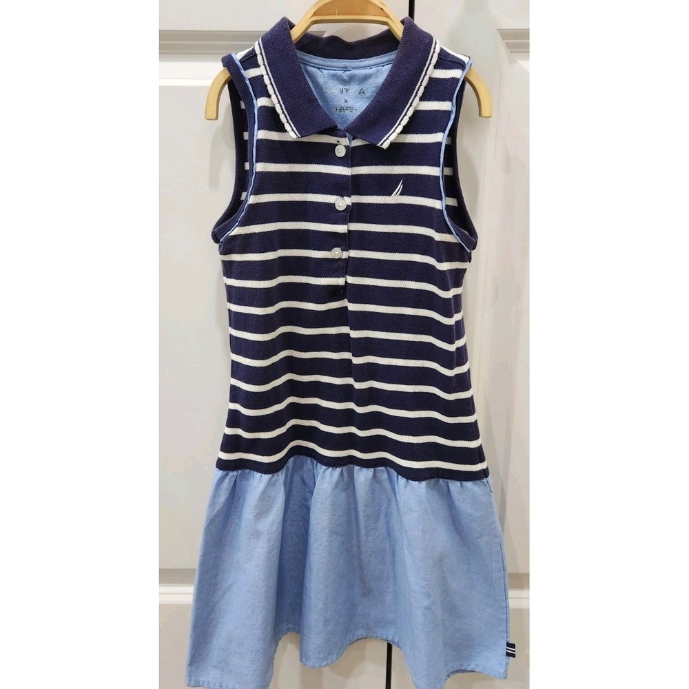 Nautica Girls Sleeveless Sailor Stripe Blue with collar‎ dress Size 6X
